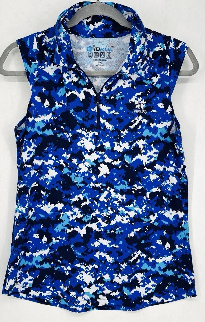 IBKUL Womens M Poipu Bay Kauai Golf Polo Sleeveless UPF 50 Blue Quarter Zip